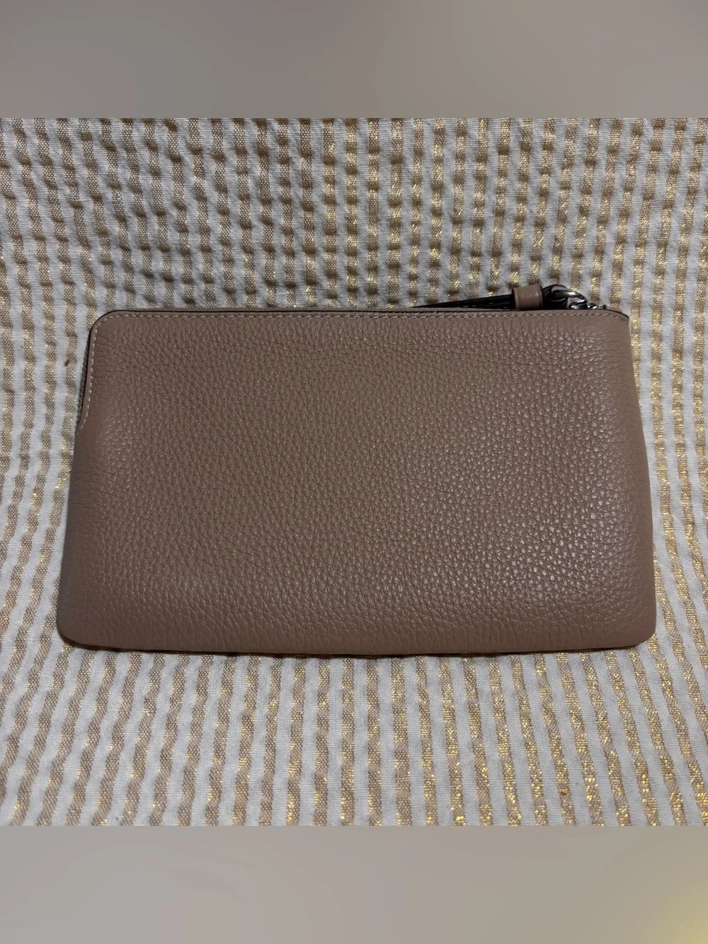 Coach Pebbled Leather Wristlet Tan/Silver/Burgundy Lining